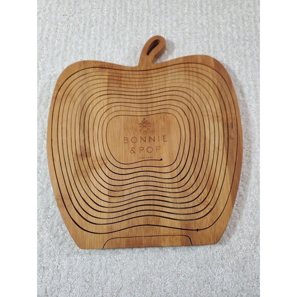 Apple Shaped Collapsible Folding Fruit Storage Basket Wooden Layer Trivet Bowl - Picture 2 of 9